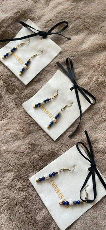 Hand Beaded Lapis Lazuli Pearl Earrings with Gold Plated Hematite