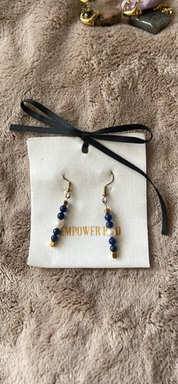 Hand Beaded Lapis Lazuli Pearl Earrings with Gold Plated Hematite